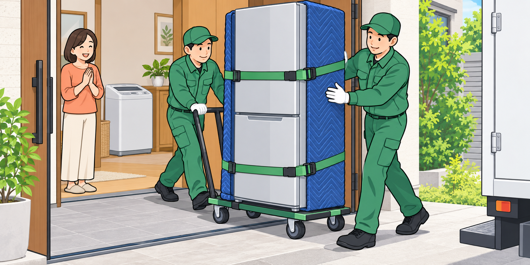スタッフに重い冷蔵庫と洗濯機の屋外搬出を依頼するイラスト