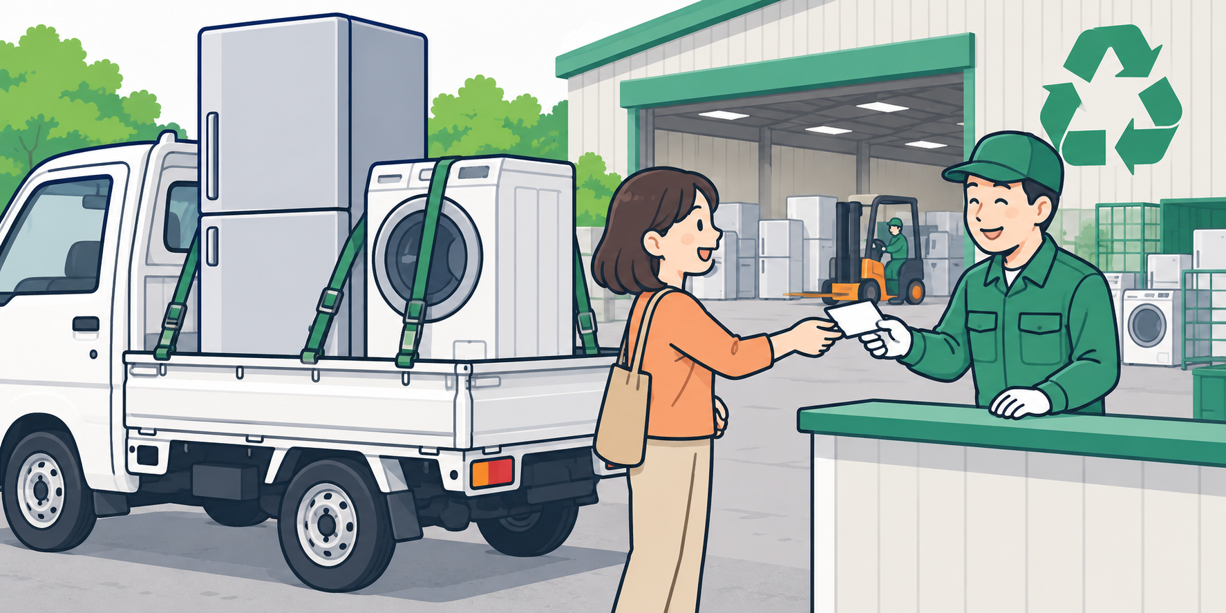 リサイクル券と2台の家電を車で指定引取場所へ運ぶイラスト