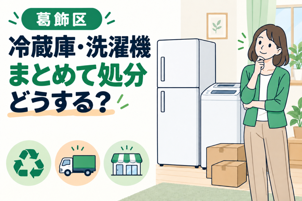 葛飾区で冷蔵庫と洗濯機をまとめて処分する方法を案内するイラスト