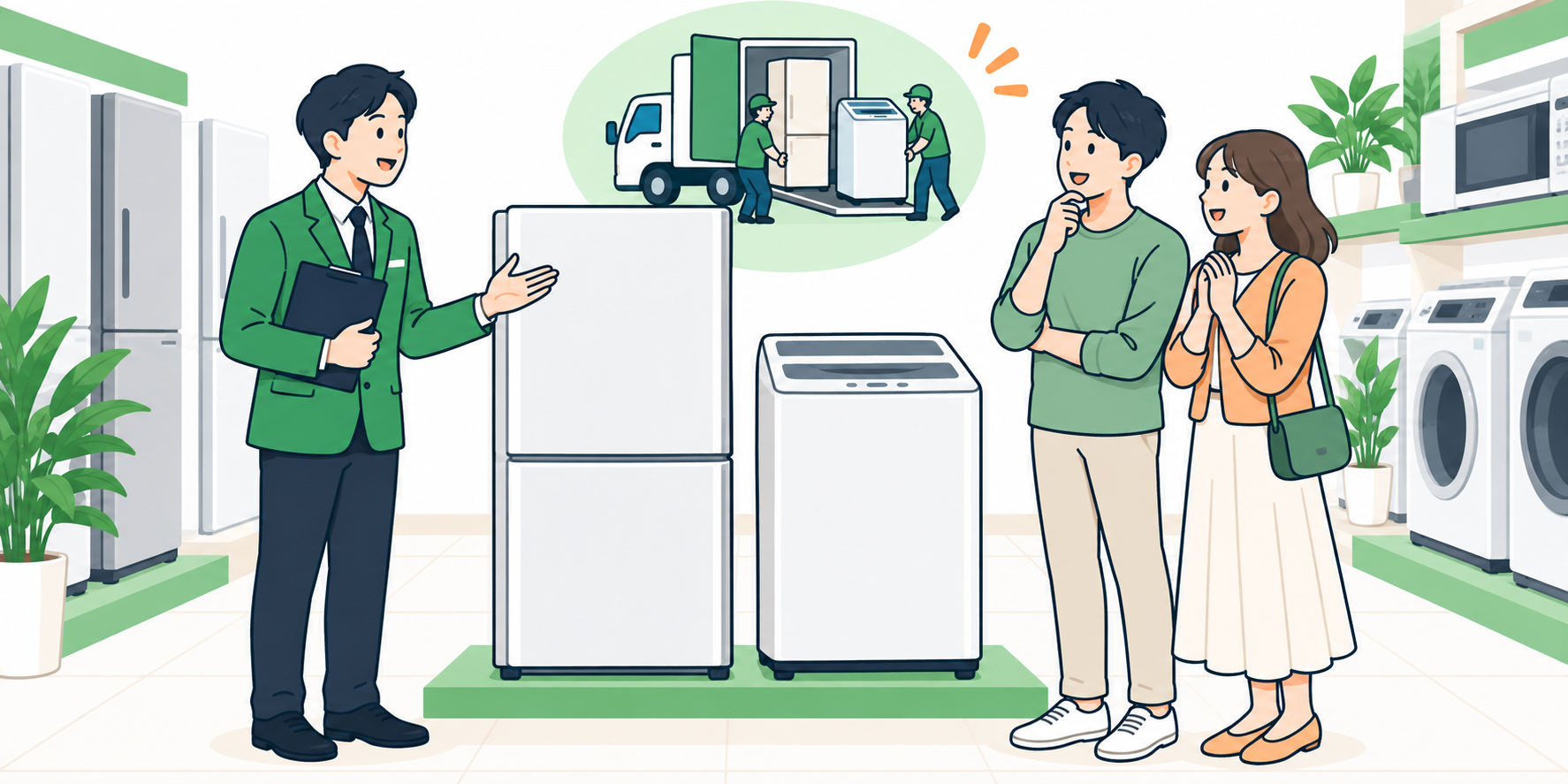 買い替えに合わせて販売店が家電を引き取るイラスト