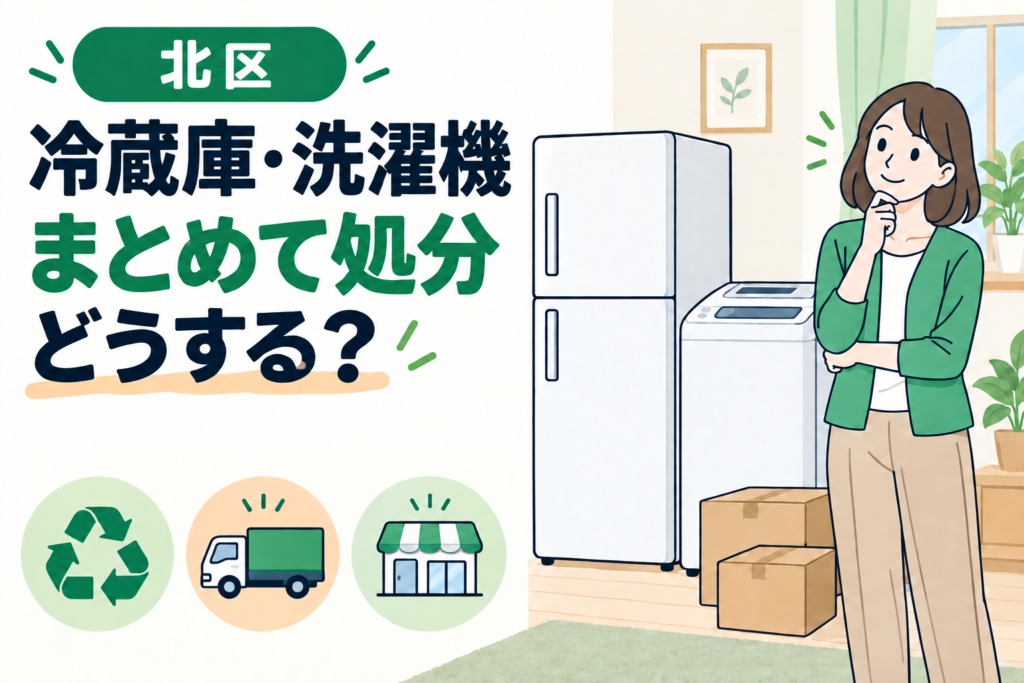 北区で冷蔵庫と洗濯機をまとめて処分する方法を案内するイラスト