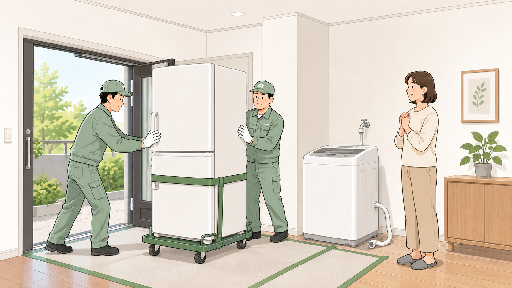 スタッフに重い冷蔵庫と洗濯機の屋外搬出を依頼するイラスト