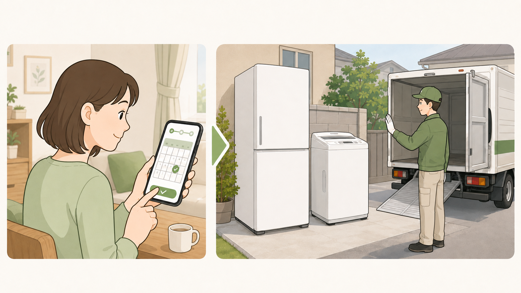 屋外に出した冷蔵庫と洗濯機を回収するイラスト