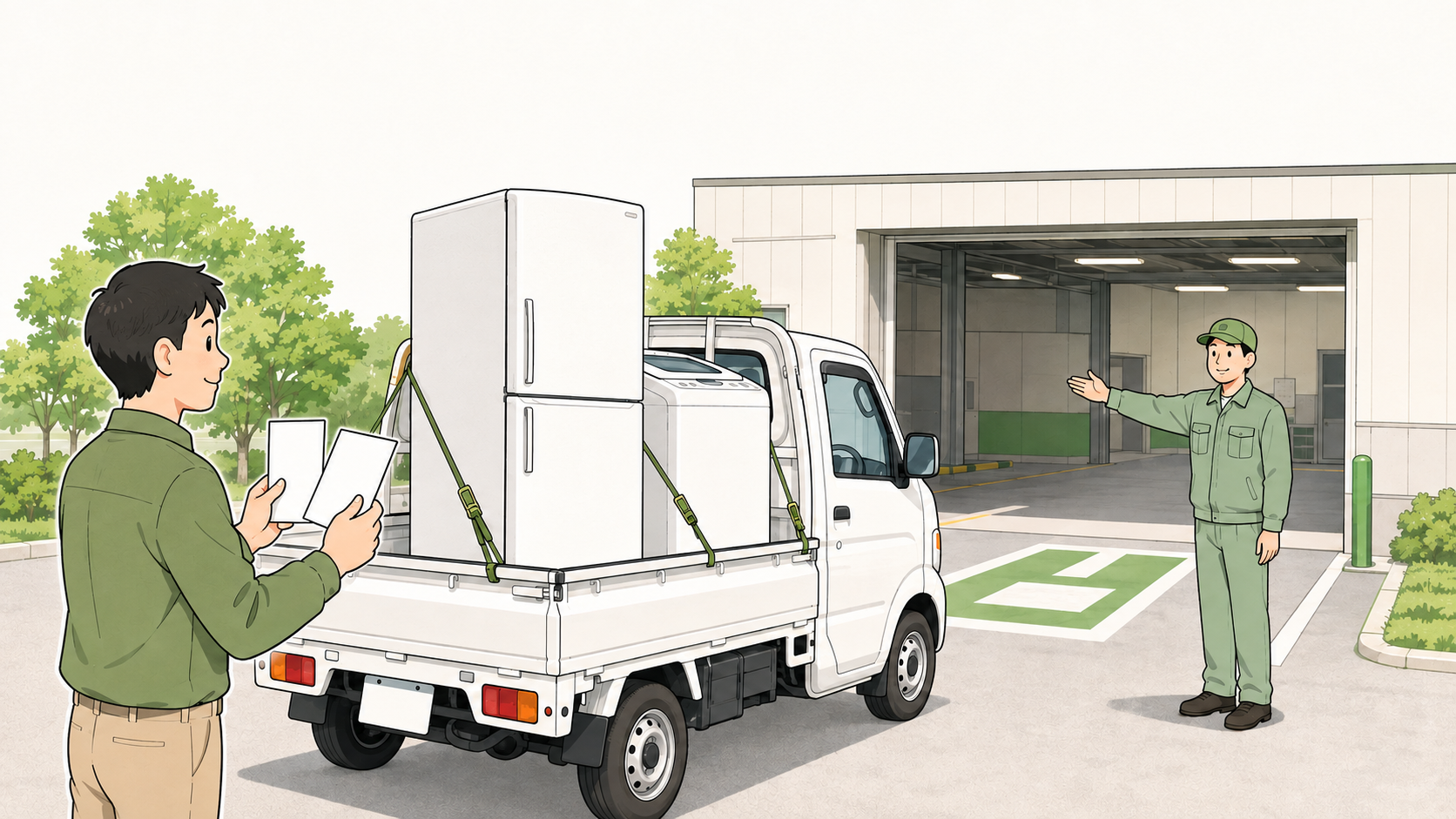 リサイクル券と2台の家電を車で指定引取場所へ運ぶイラスト