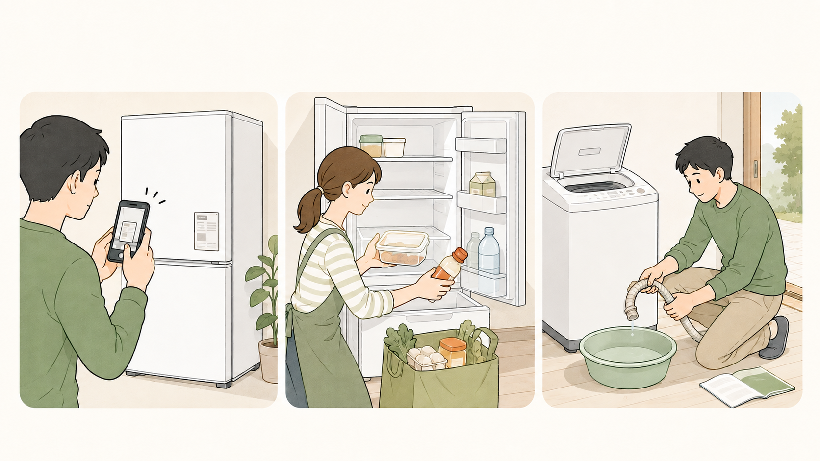 冷蔵庫の中身を整理し洗濯機を水抜きするイラスト