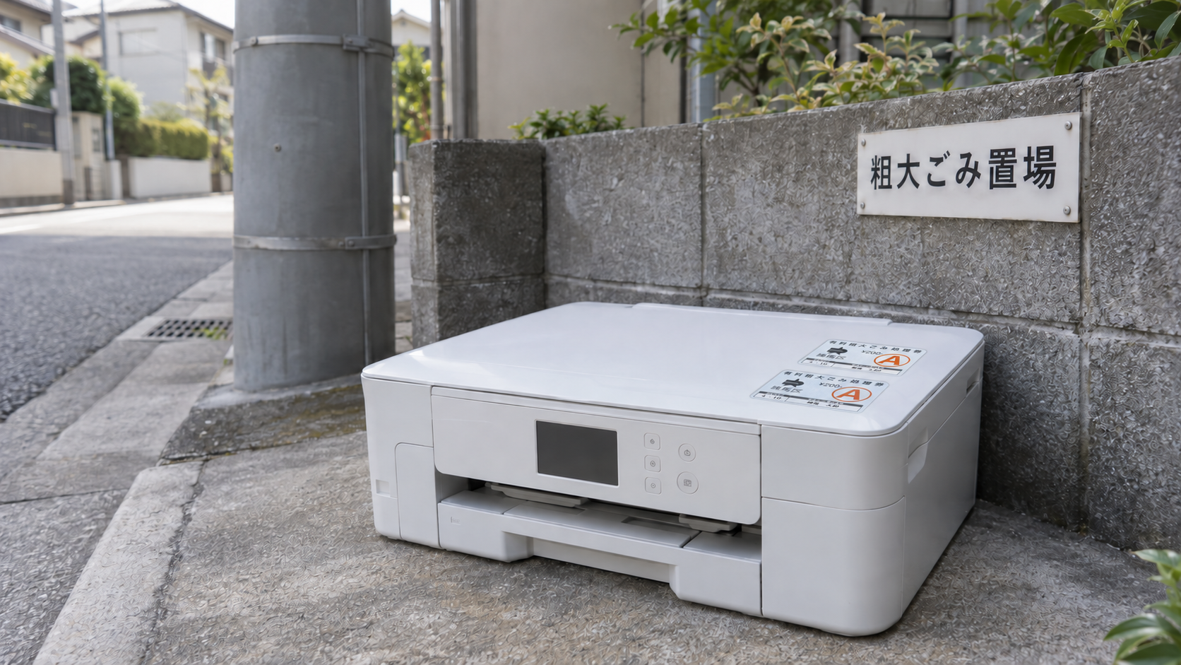 練馬区のA券(200円)2枚を貼ったプリンターを屋外の粗大ごみ置き場に出したイメージ