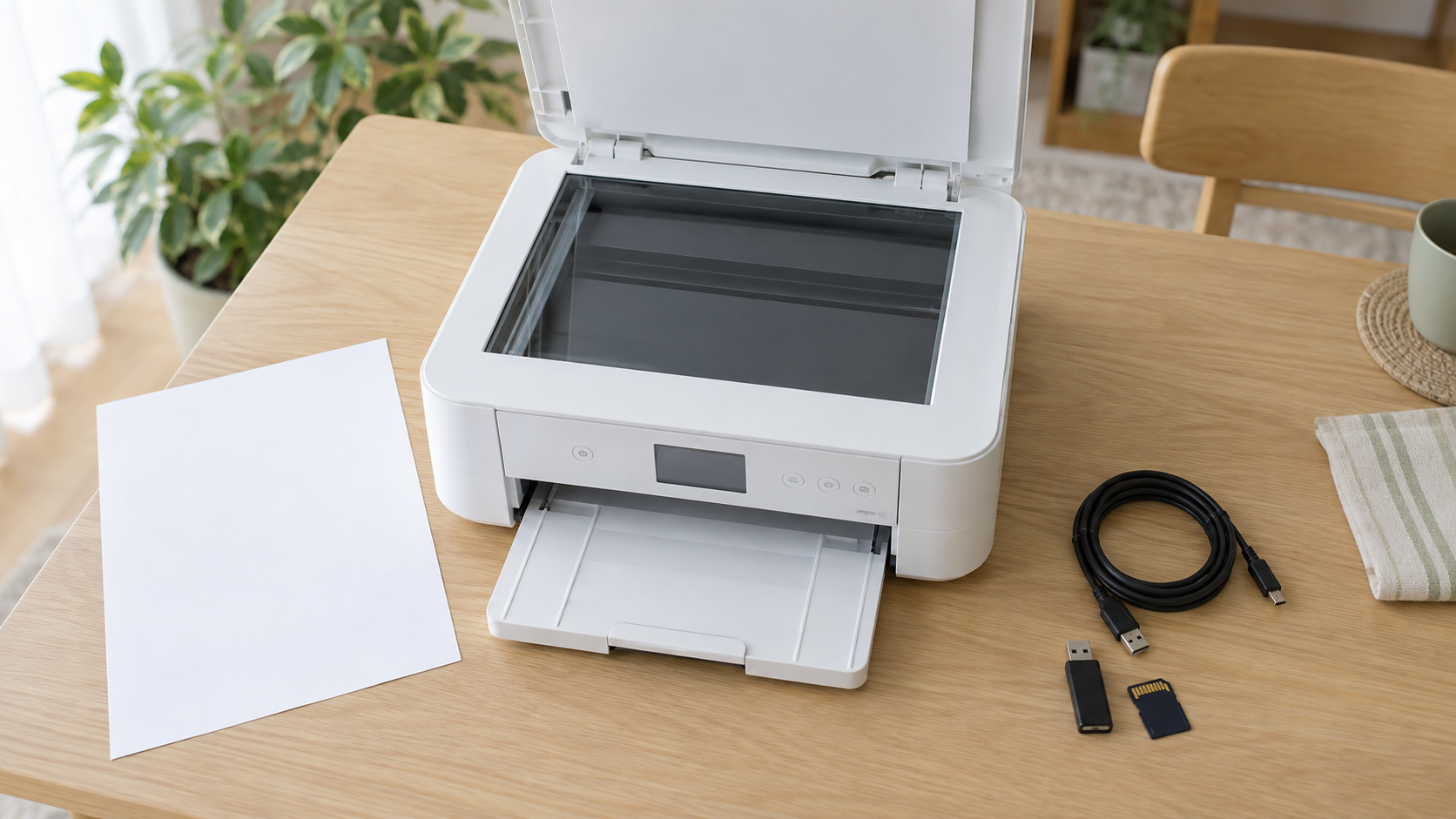 原稿台の紙とUSBメモリー、SDカードの取り忘れを確認するイメージ