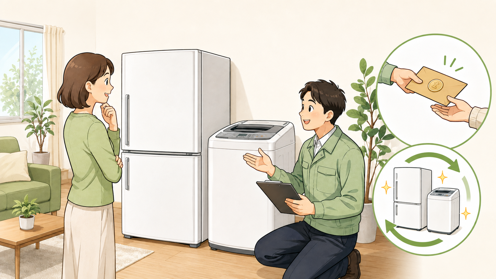 冷蔵庫と洗濯機の出張査定・買取を相談するイラスト