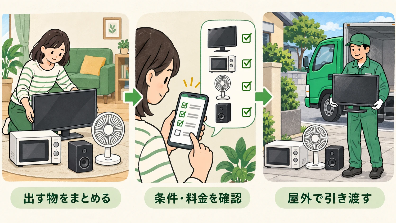 まとめて回収の流れ。モニターと小型家電をまとめ、条件と料金を確認して屋外で引き渡す図解