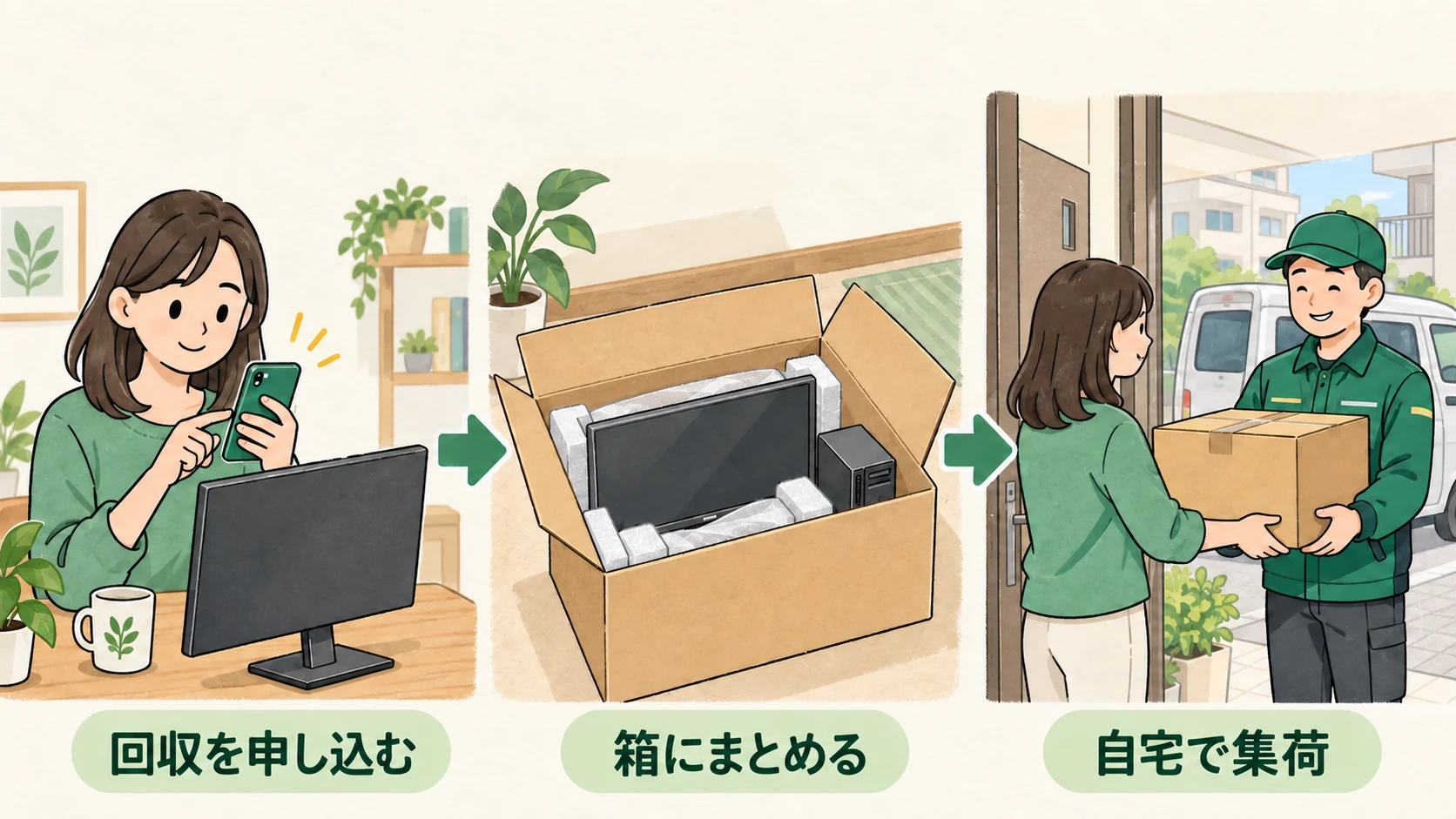 宅配回収の流れ。回収を申し込み、モニターなどを箱に梱包して自宅で集荷してもらう図解