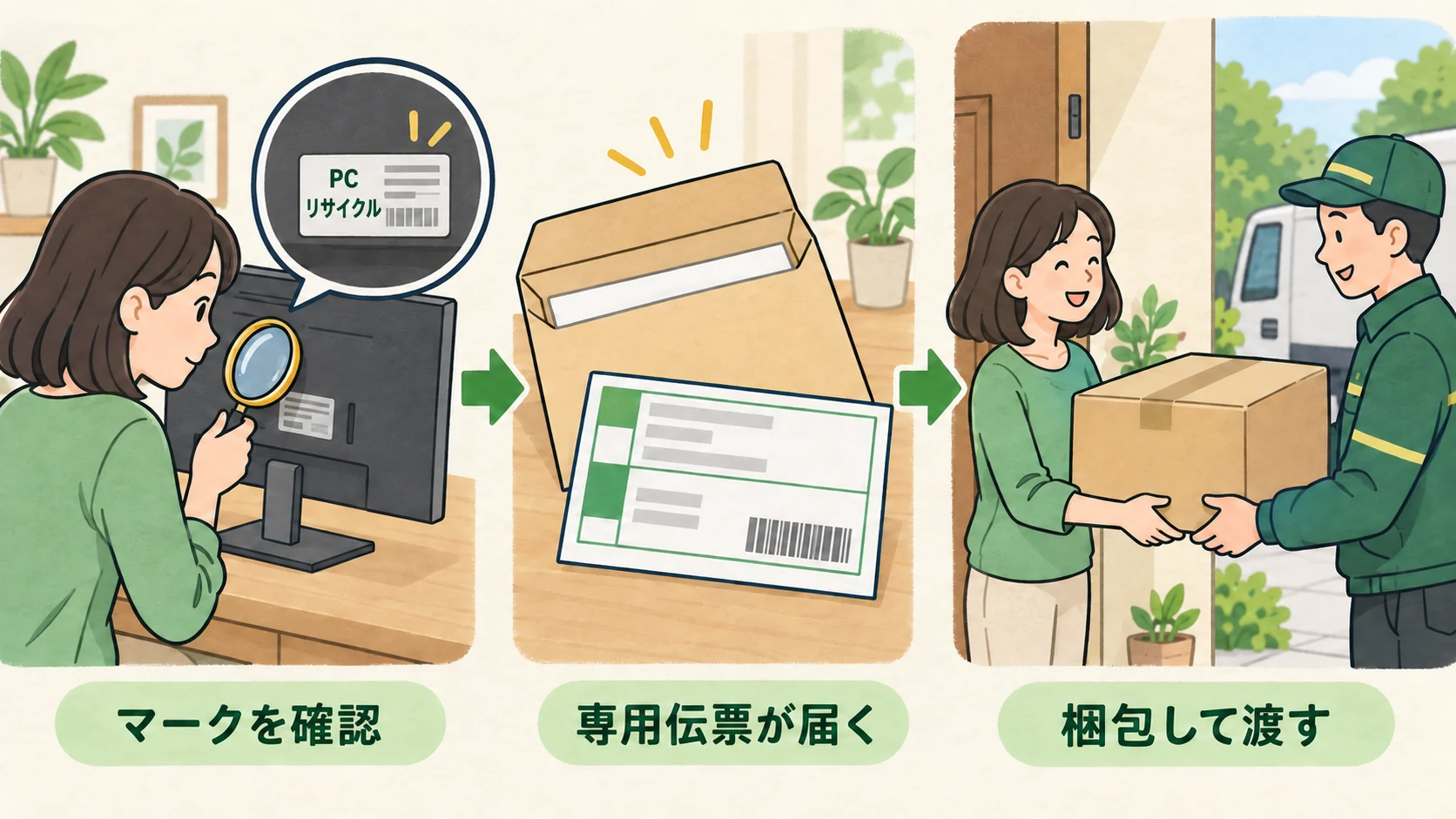 メーカー回収の流れ。PCリサイクルマークを確認し、専用伝票を受け取って梱包したモニターを引き渡す図解