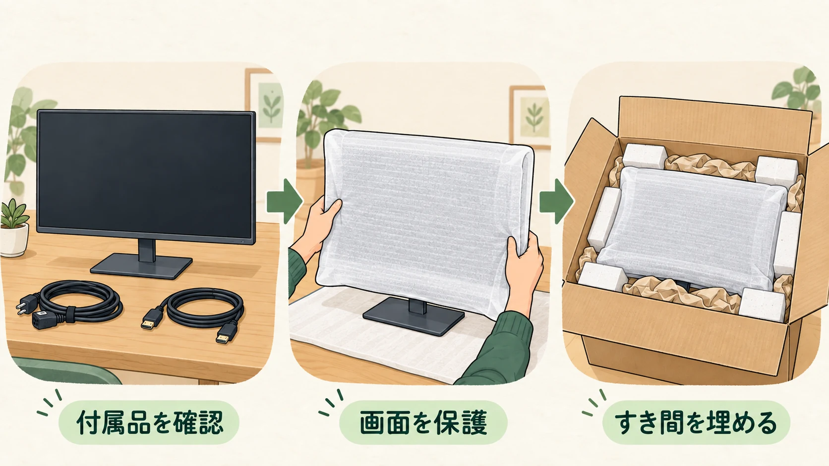 モニターを梱包する手順。付属品を確認し、画面を保護して箱のすき間に緩衝材を入れる図解