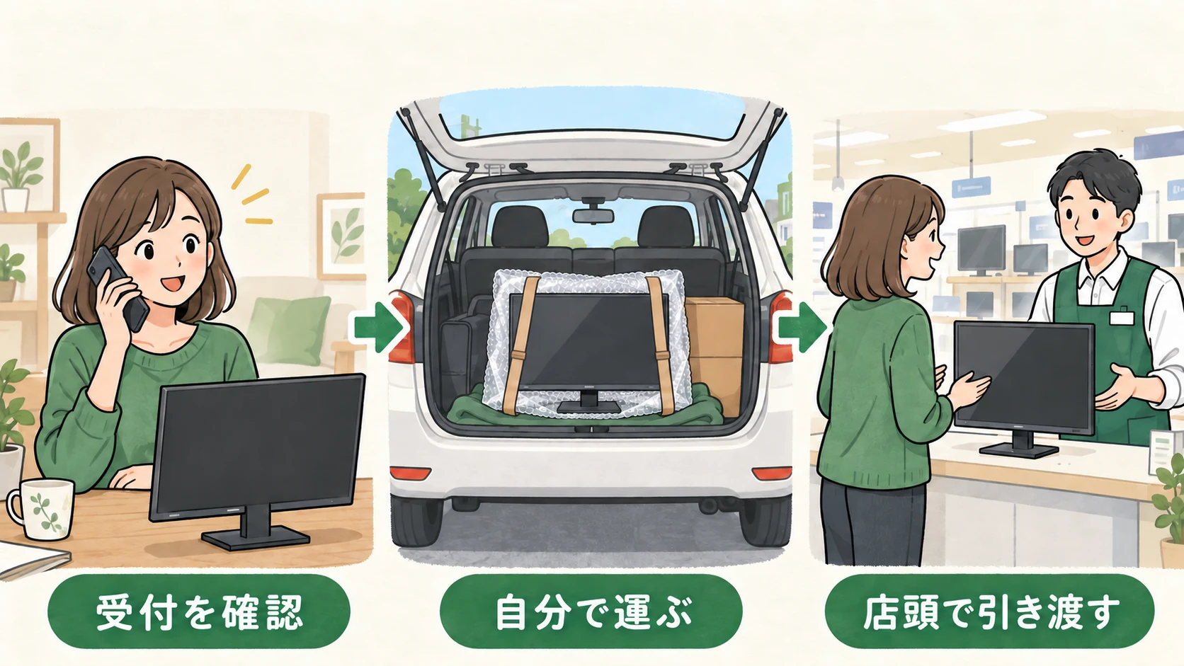 店頭持ち込みの流れ。受付を事前確認し、モニターを安全に運んで家電量販店で引き渡す図解