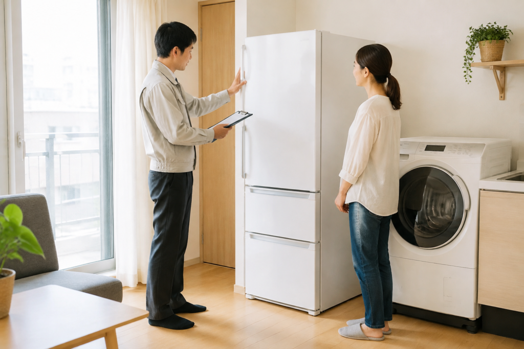 リサイクルショップのスタッフが自宅で冷蔵庫を査定する様子