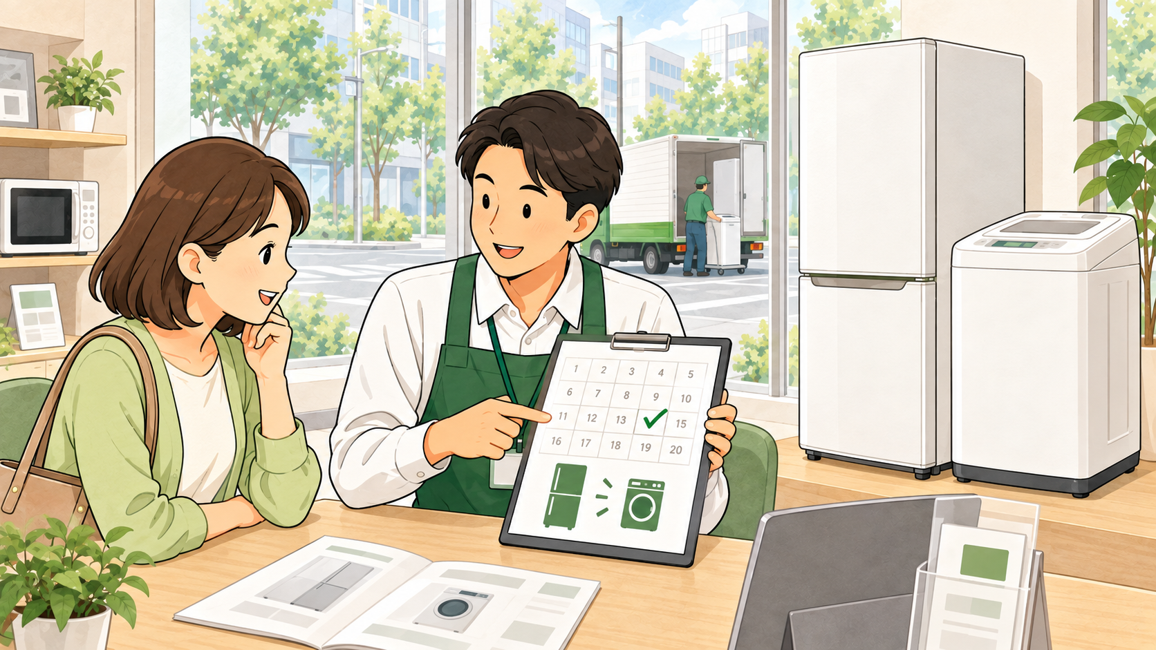 買い替えに合わせて販売店が家電を引き取るイラスト