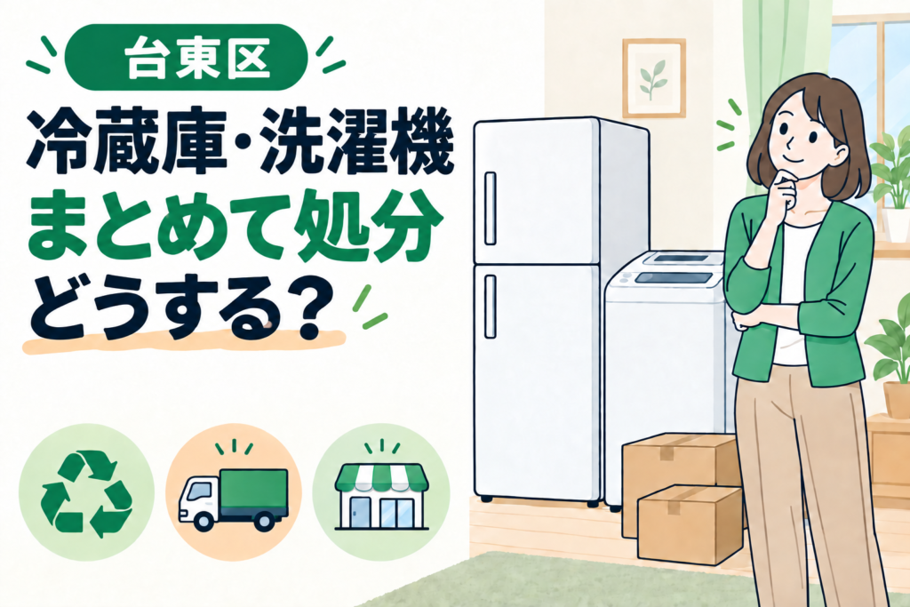 台東区で冷蔵庫と洗濯機をまとめて処分する方法を案内するイラスト