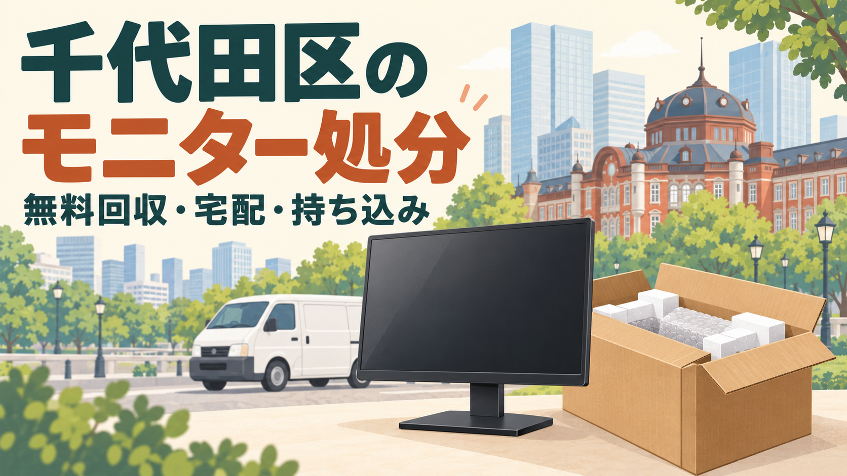 千代田区のモニター処分。モニターと段ボール、東京駅周辺の街並みを描いた記事のアイキャッチ。