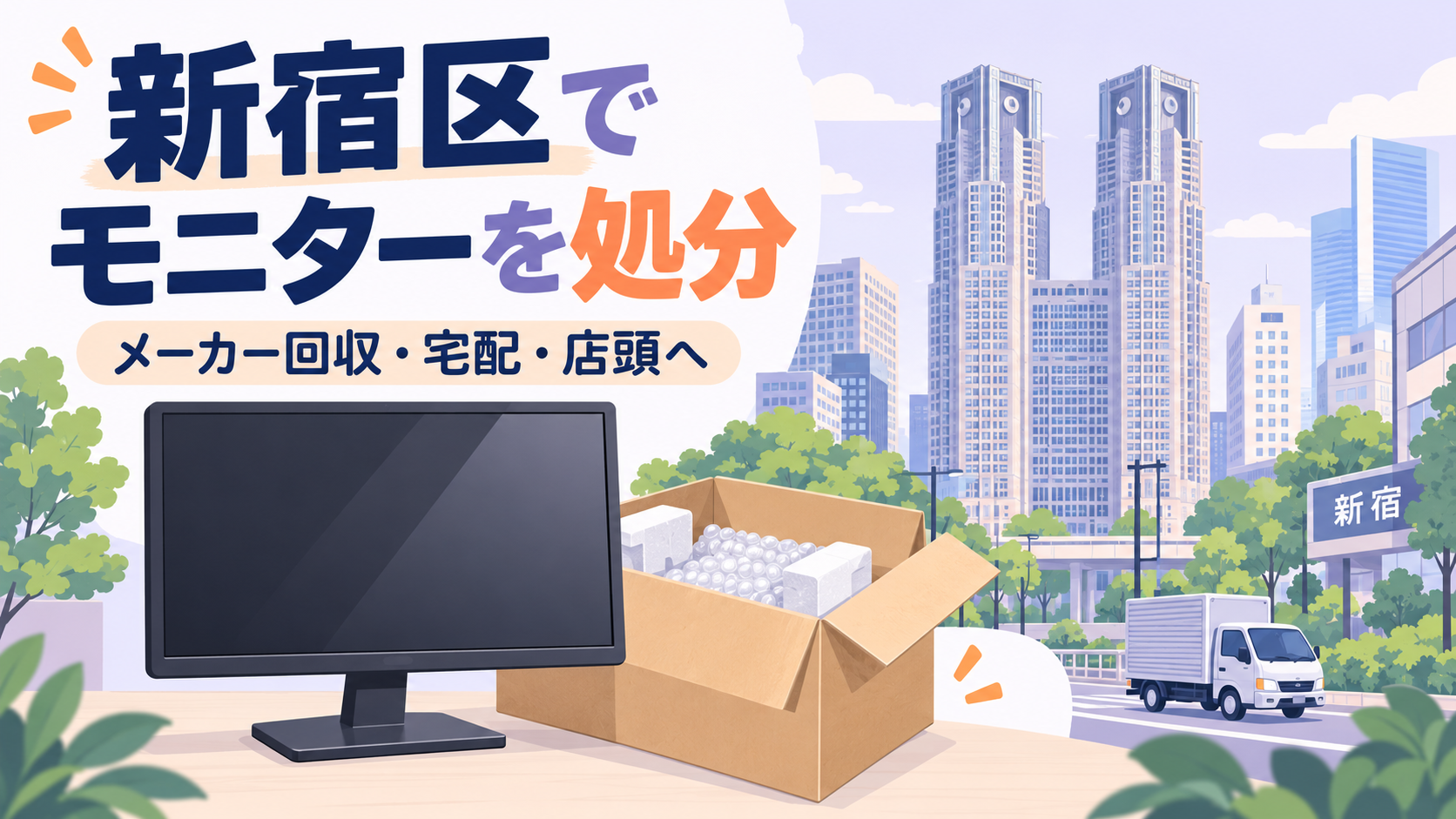 新宿区のモニター処分。モニターと段ボール、新宿の高層ビルの街並みを描いた記事のアイキャッチ。