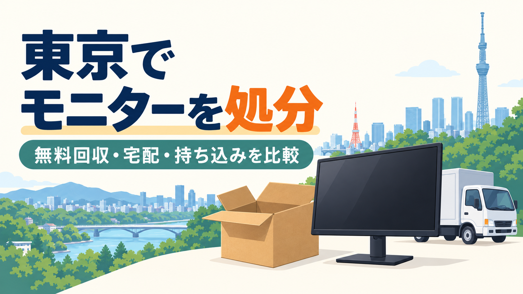 東京でモニターを処分。無料回収・宅配・持ち込みを比較する記事のアイキャッチ。モニター、段ボール、回収車と東京の街並みのイラスト。