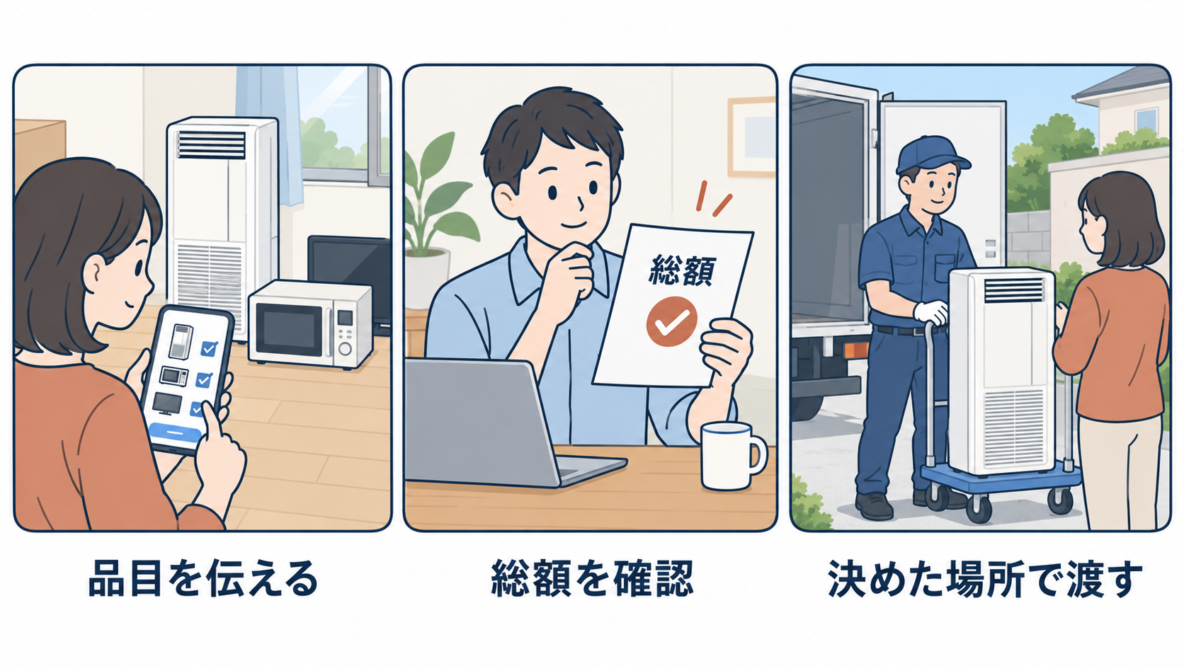 窓用エアコンとほかの家電の品目を伝え、回収総額を確認して屋外の決めた場所で渡す流れ