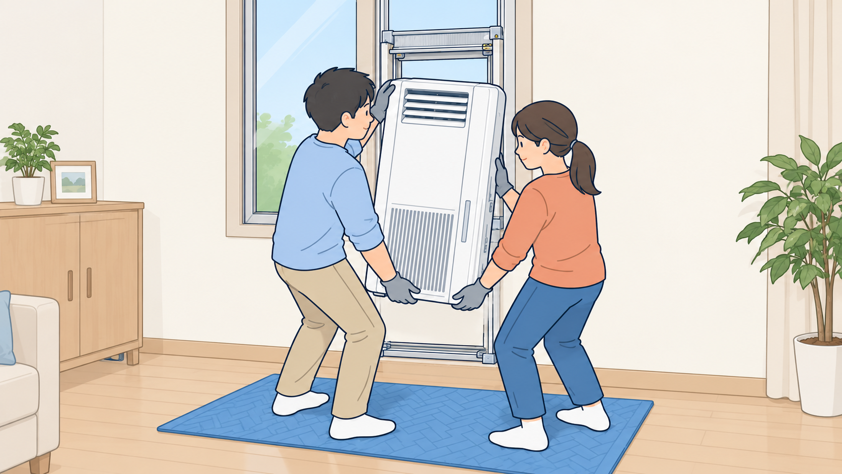男女二人が窓用エアコンの側面と底部を支え、室内へ取り出すイラスト