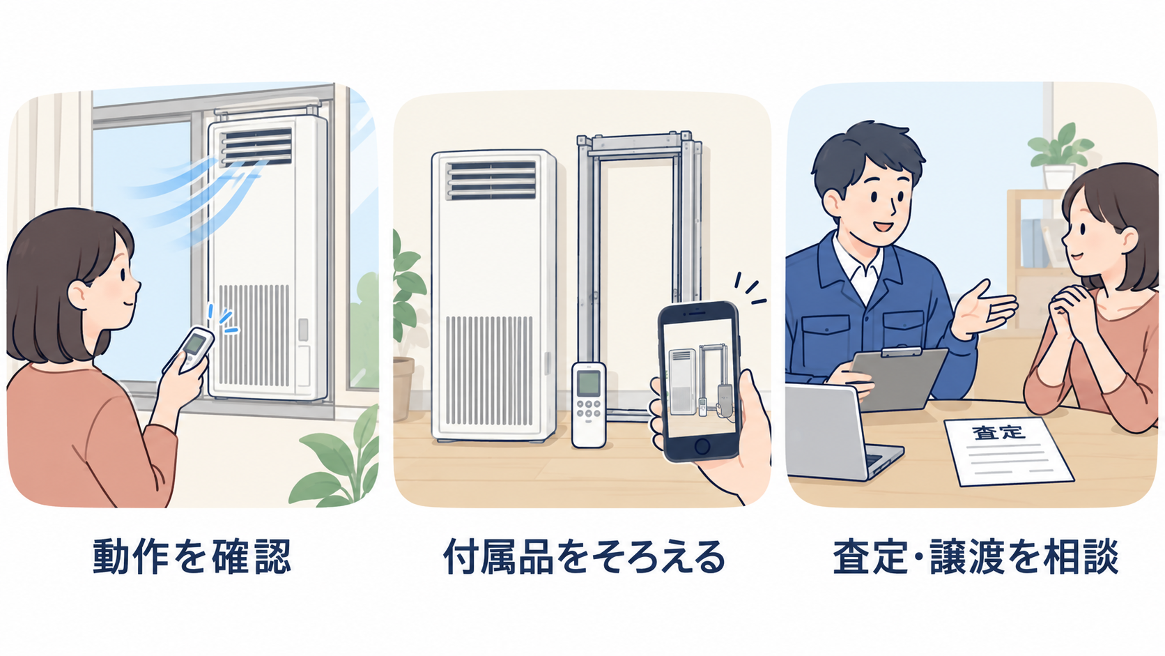 冷房の動作を確認し、取付枠とリモコンをそろえ、査定や譲渡を相談する流れ