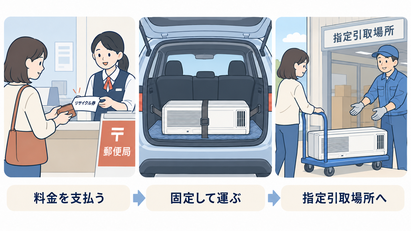郵便局で料金を支払い、窓用エアコンを寝かせて車内に固定し、指定引取場所へ運ぶ流れ